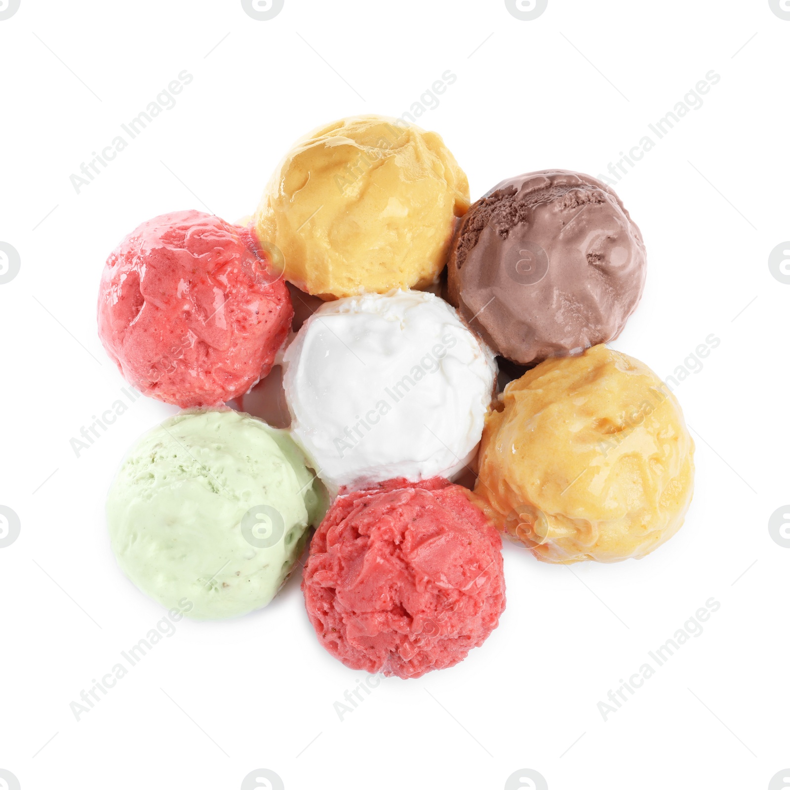 Photo of Set with scoops of different ice creams on white background, top view