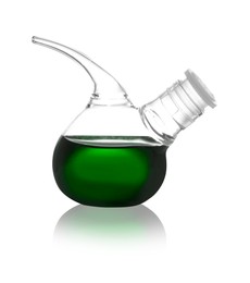 Retort flask with green liquid isolated on white. Laboratory glassware