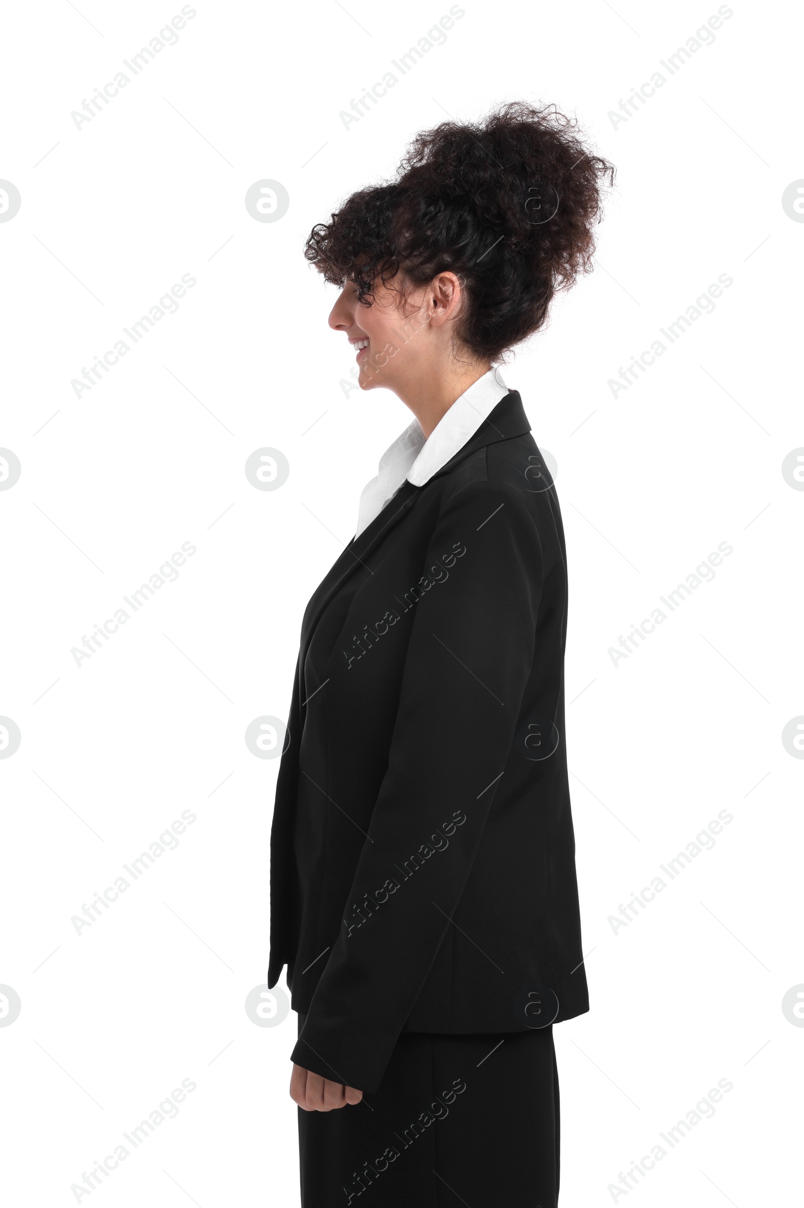 Photo of Beautiful businesswoman in suit posing on white background