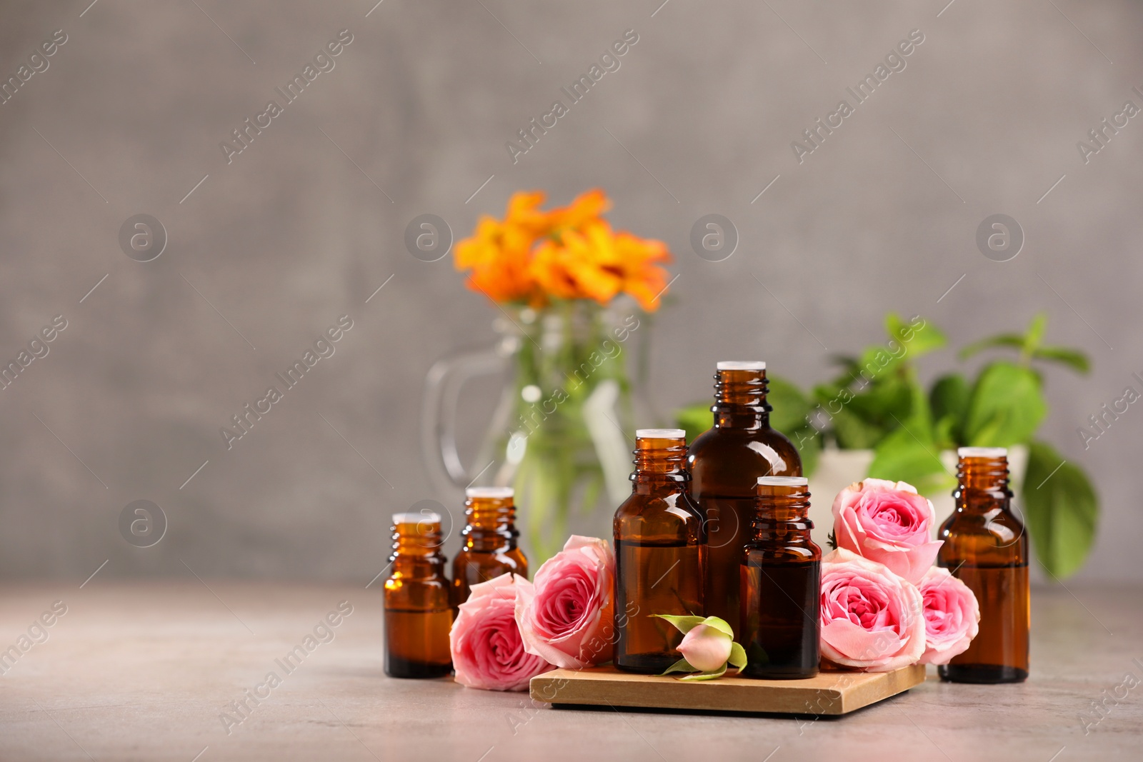 Photo of Bottles with essential oil and roses on light table. Space for text