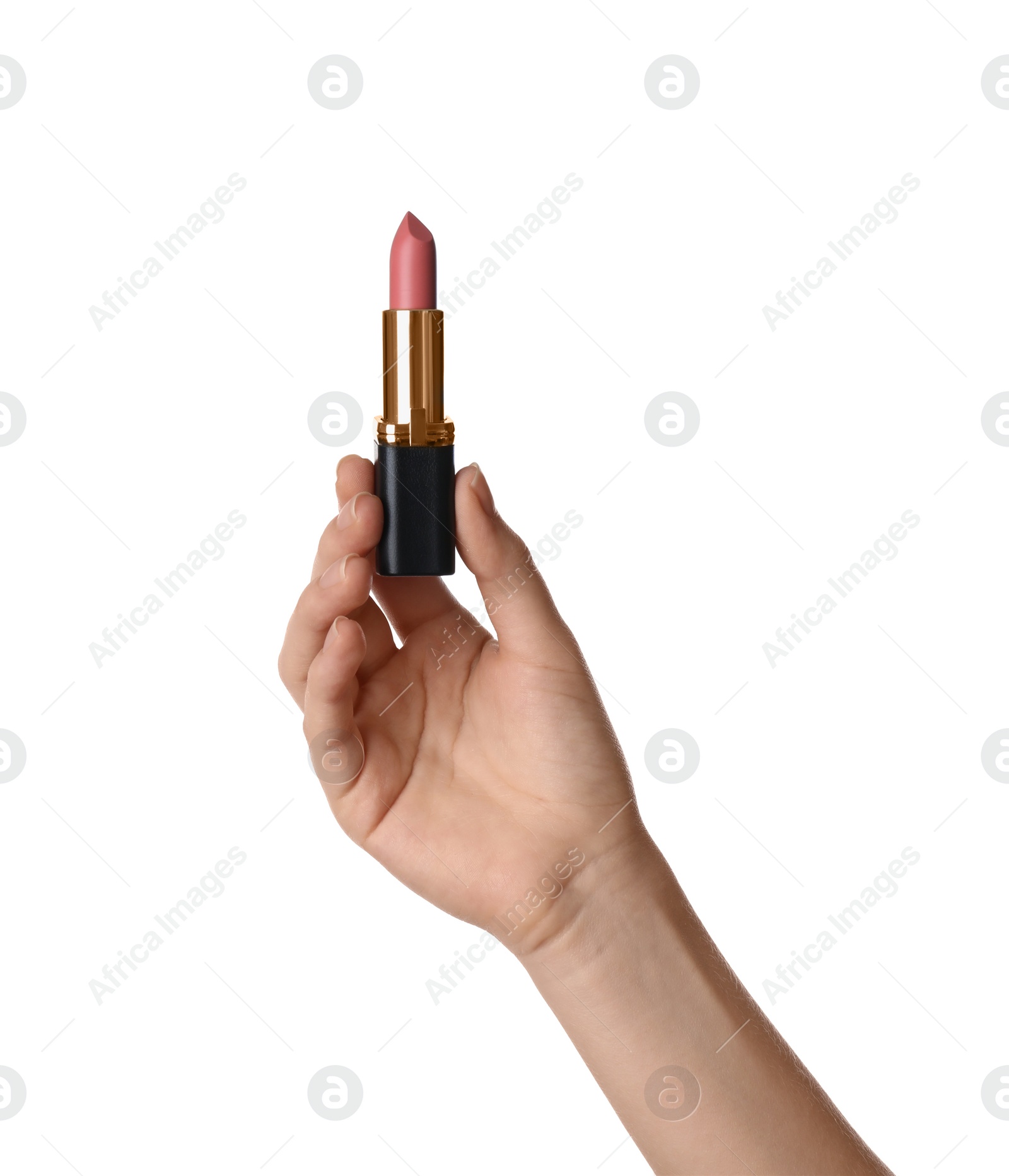Photo of Woman holding lipstick on white background, closeup
