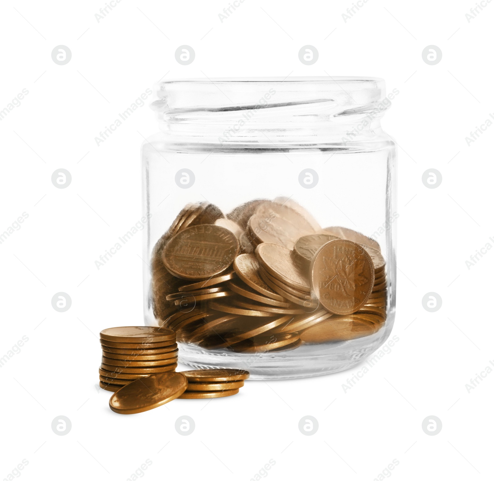 Photo of Glass jar and coins isolated on white