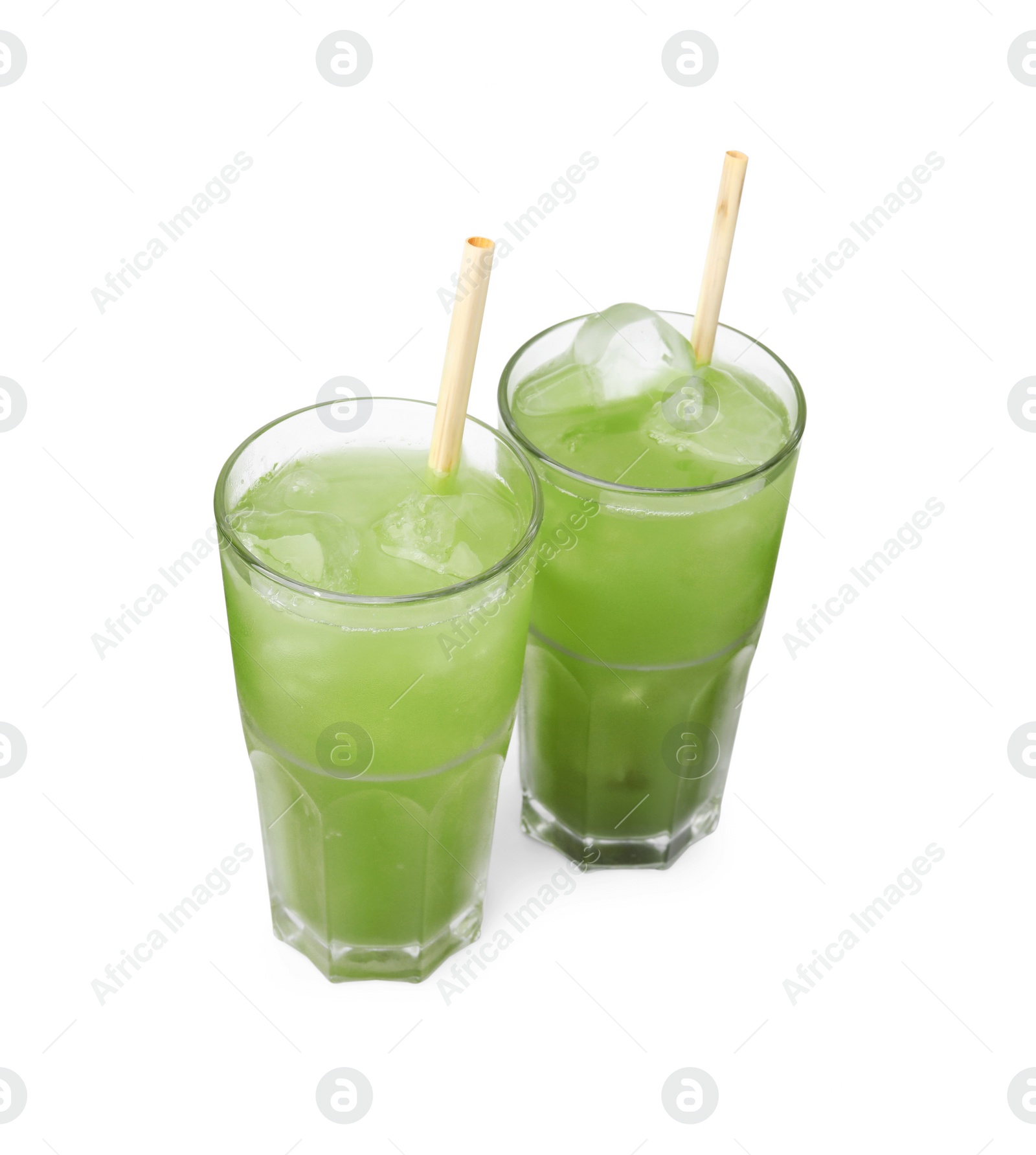 Photo of Delicious iced green matcha tea isolated on white