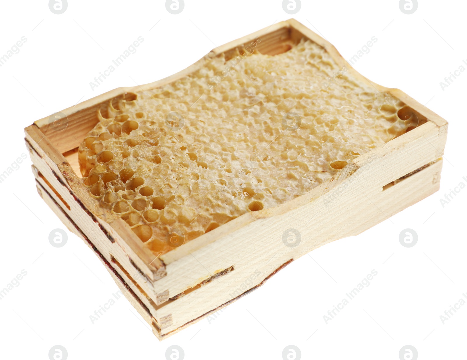 Photo of Wooden hive frame with honeycomb isolated on white. Beekeeping