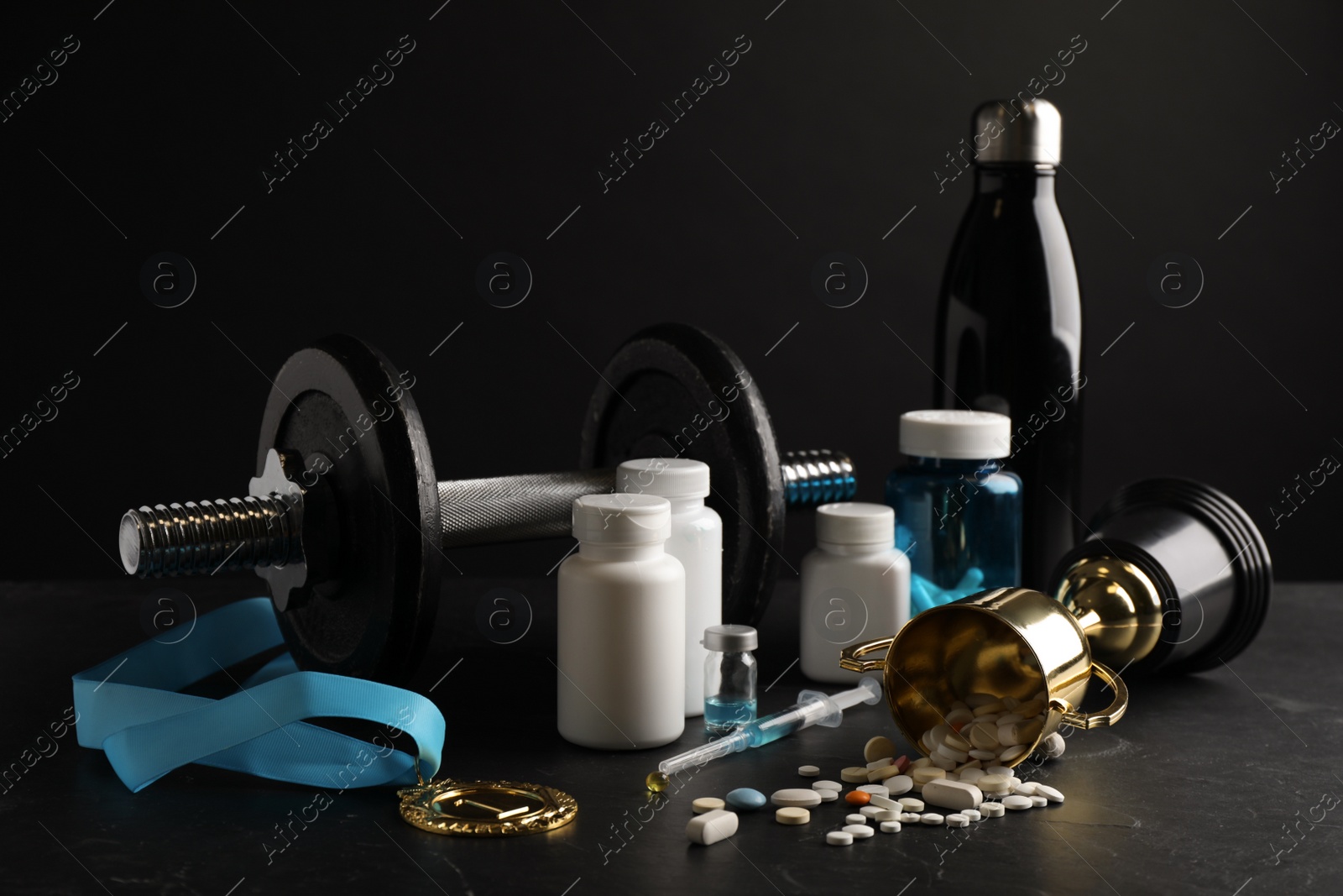 Photo of Composition with drugs on black table. Doping control