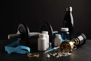 Composition with drugs on black table. Doping control