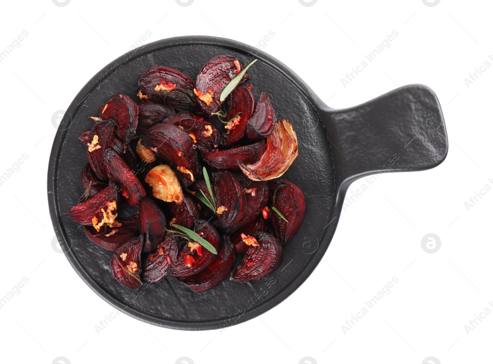 Photo of Slate plate with roasted beetroot slices, garlic and rosemary isolated on white, top view