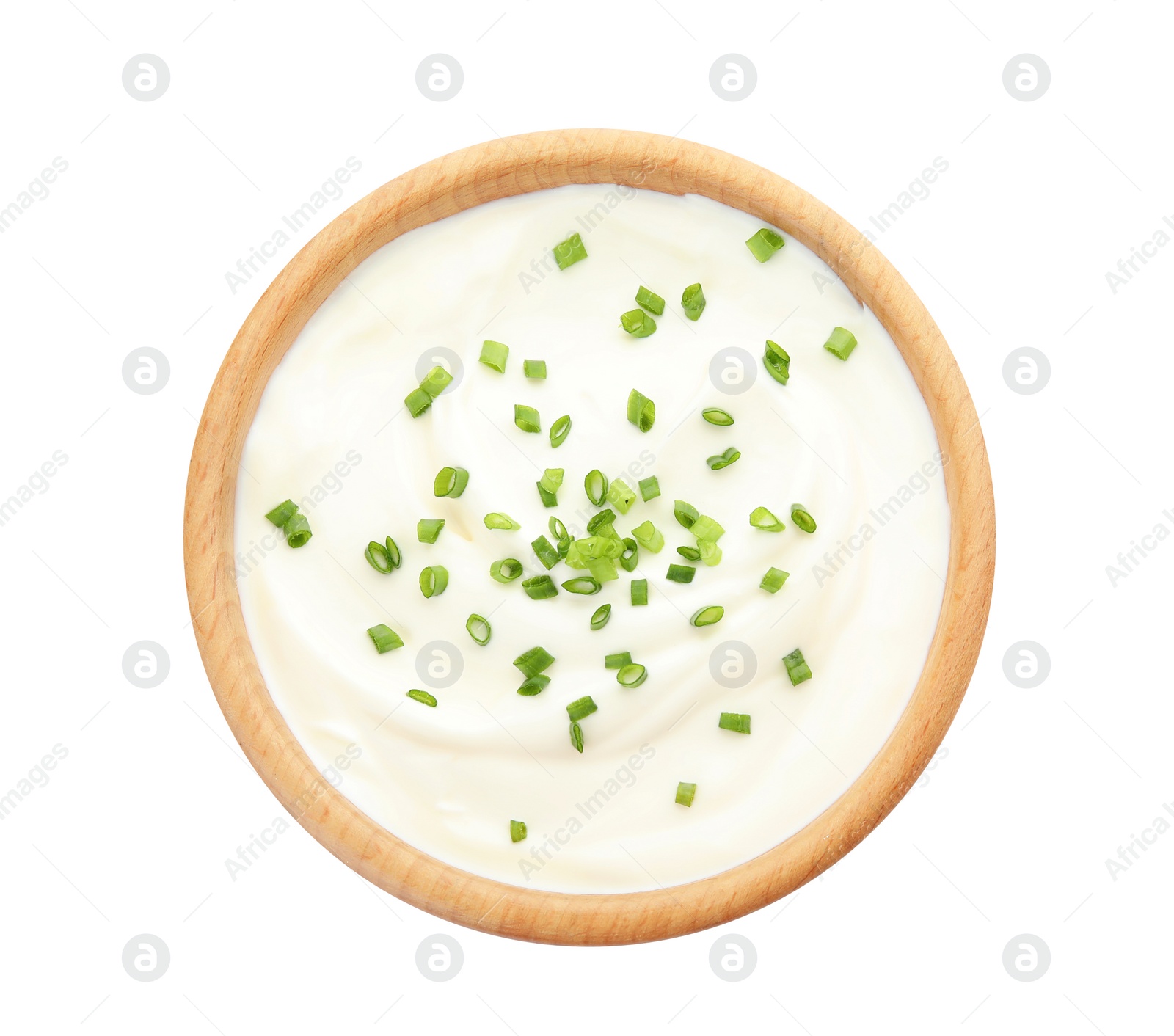 Photo of Bowl with sour cream and herbs on white background, top view