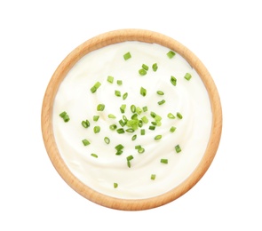 Bowl with sour cream and herbs on white background, top view