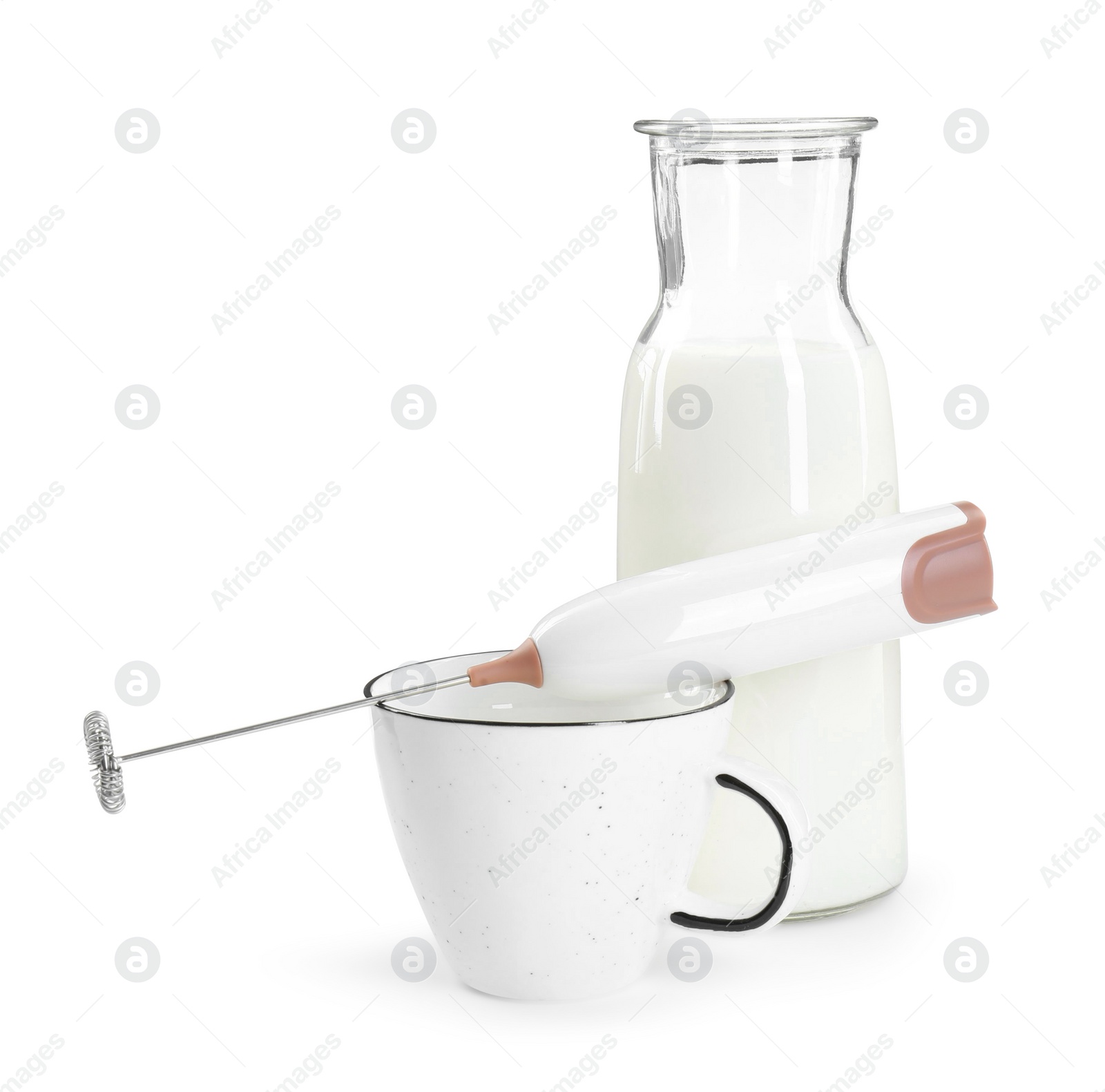 Photo of Mini mixer (milk frother), cup and bottle isolated on white