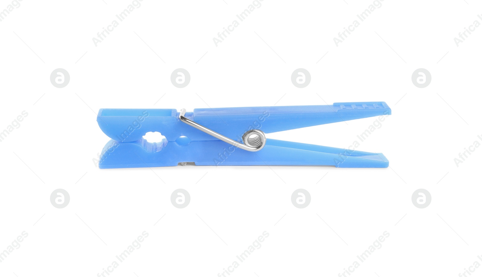 Photo of Bright light blue plastic clothespin isolated on white