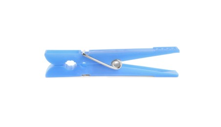 Photo of Bright light blue plastic clothespin isolated on white