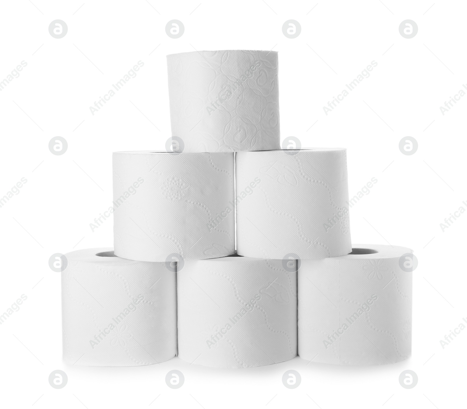 Photo of Rolls of toilet paper on white background. Personal hygiene