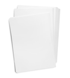 Photo of Pile of paper sheets on white background, top view