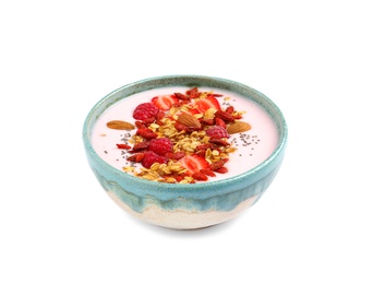 Photo of Smoothie bowl with goji berries on white background