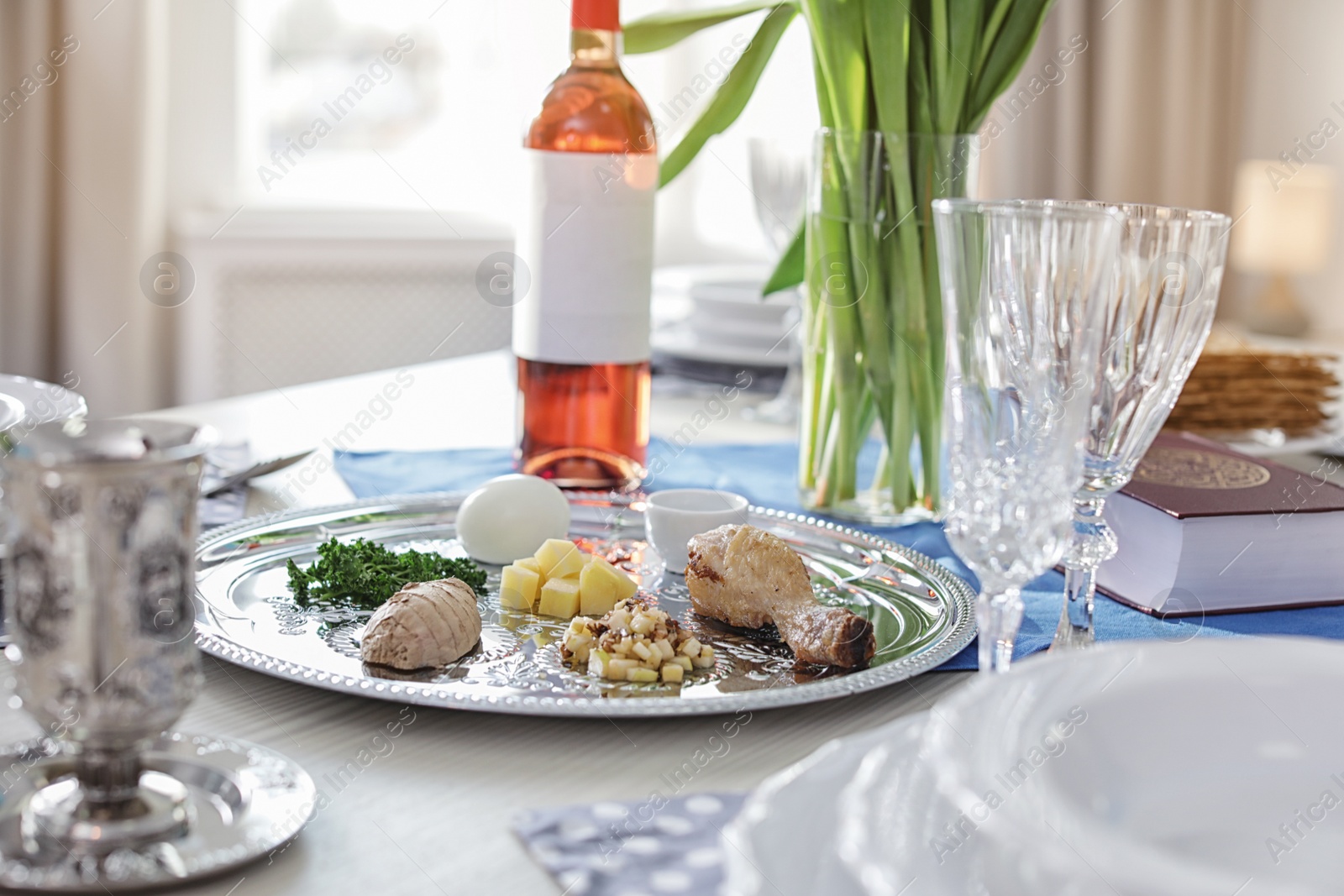 Photo of Table served for Passover (Pesach) Seder indoors