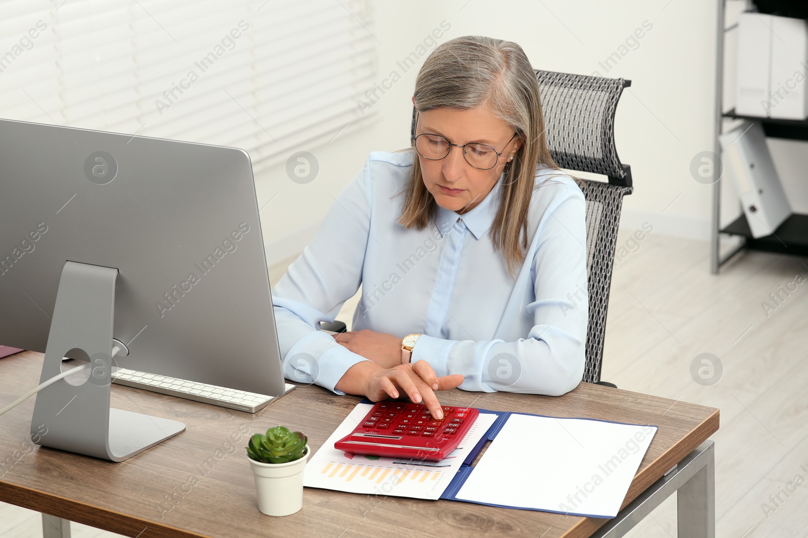 Photo of Senior accountant working at wooden desk in office