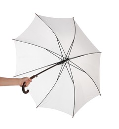 Photo of Woman with open umbrella on white background, closeup