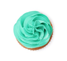 Delicious cupcake with turquoise cream isolated on white, top view