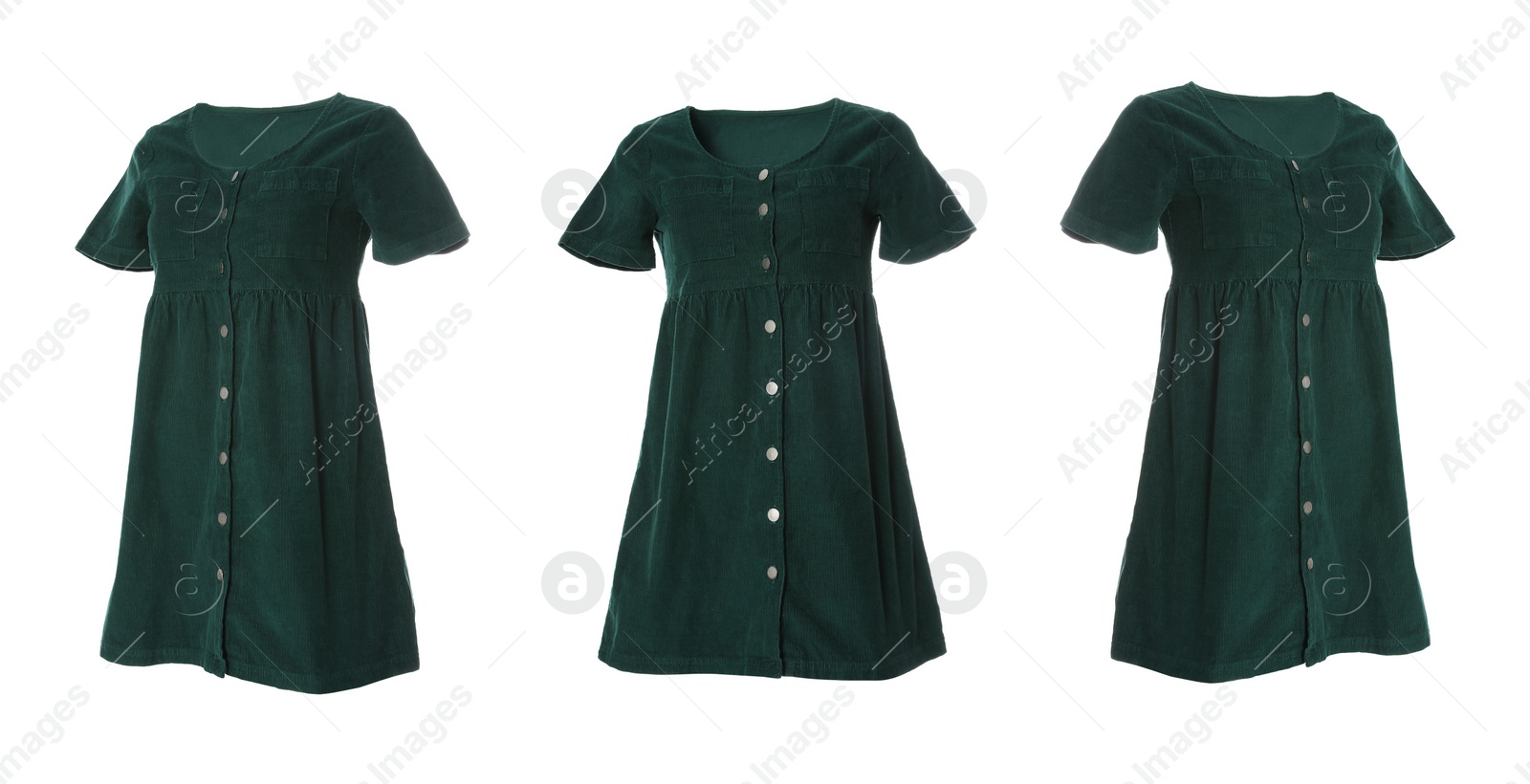 Image of Set of stylish short dark green velour dresses from different views on white background. Banner design
