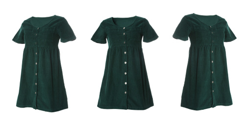 Set of stylish short dark green velour dresses from different views on white background. Banner design