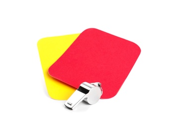 Photo of Whistle, red and yellow cards on white background. Football rules