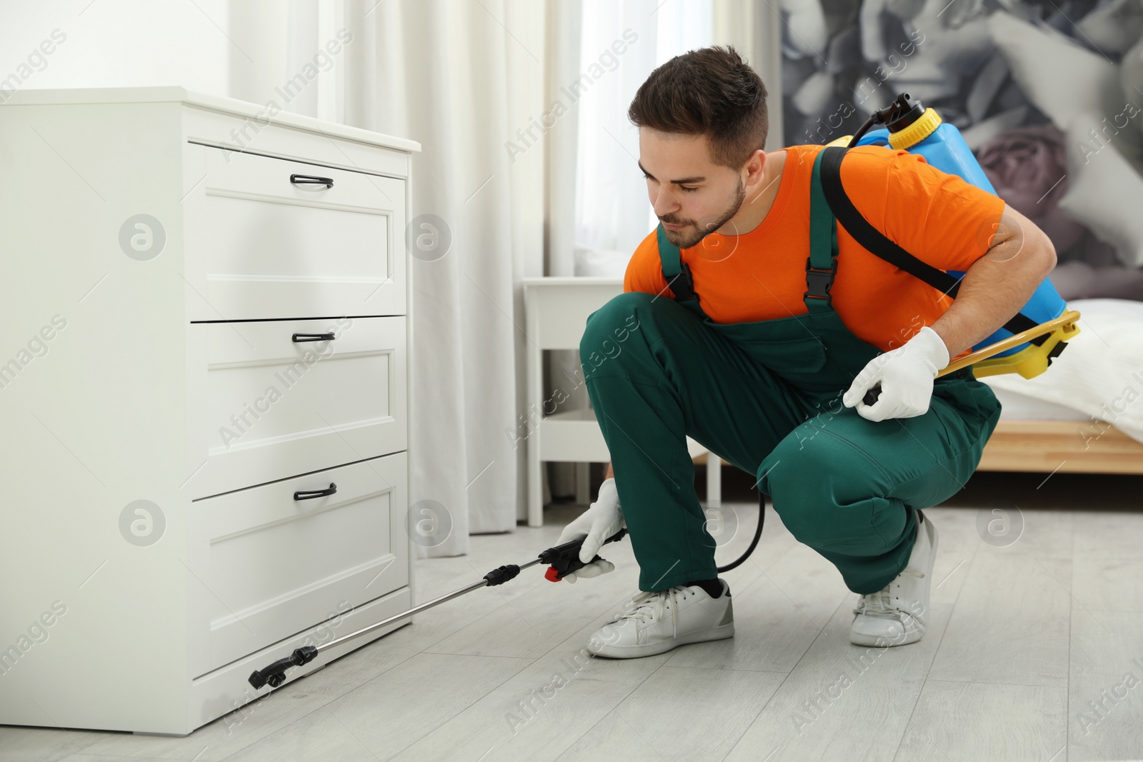 Photo of Pest control worker spraying insecticide near chest of drawers indoors