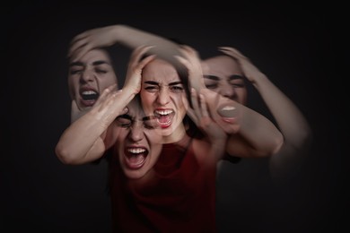 Image of Woman with personality disorder on dark background, multiple exposure 