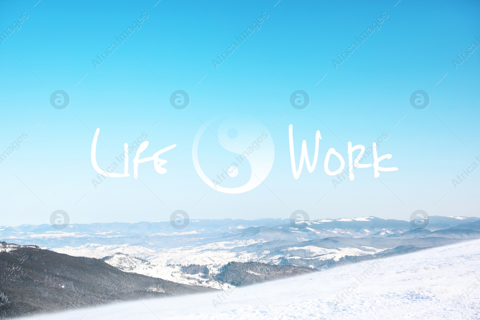Image of Beautiful view on snowy mountains. Concept of balance between work and life