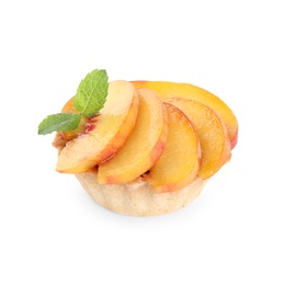 Photo of Delicious dessert with peach slices isolated on white