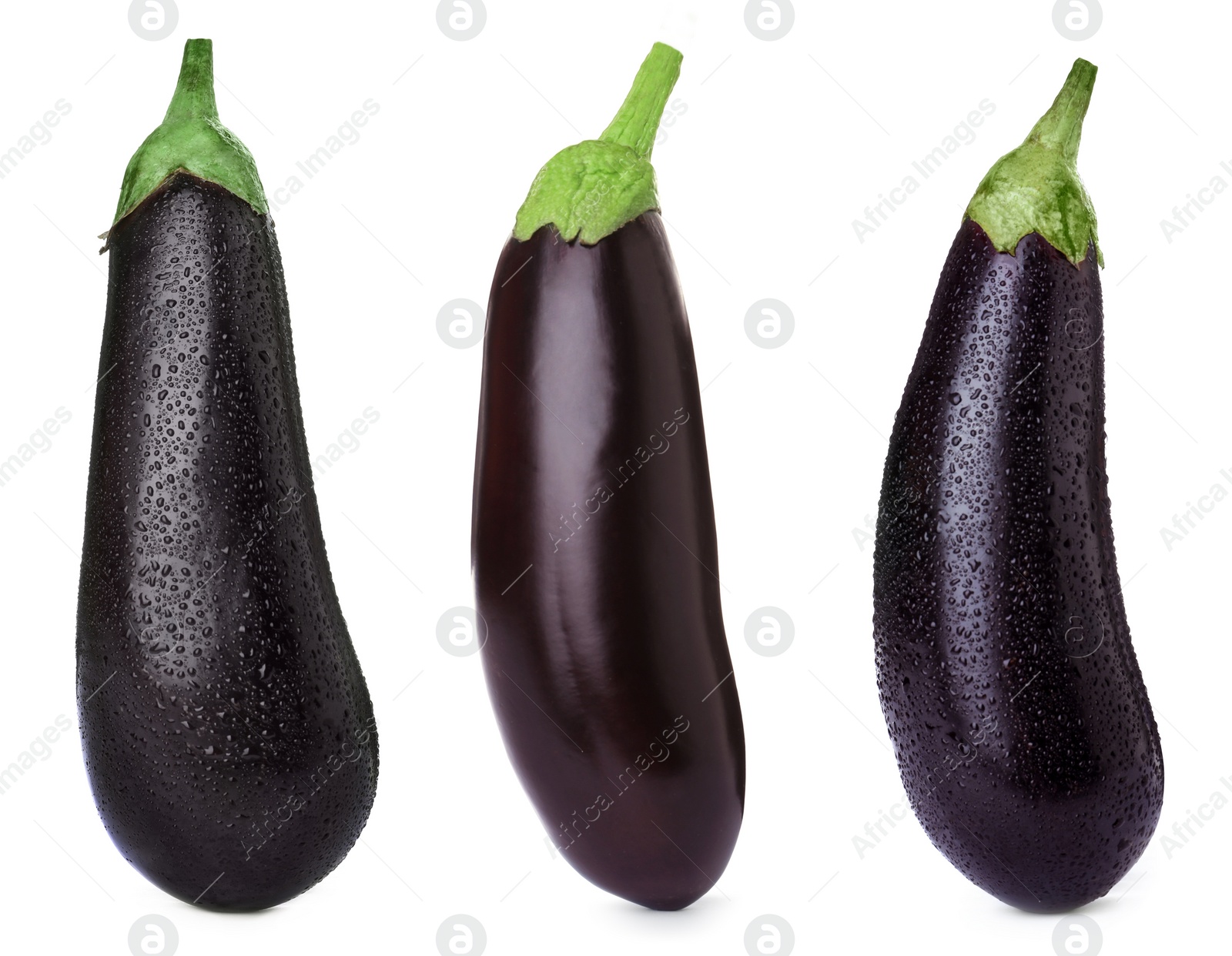 Image of Set of fresh eggplants on white background