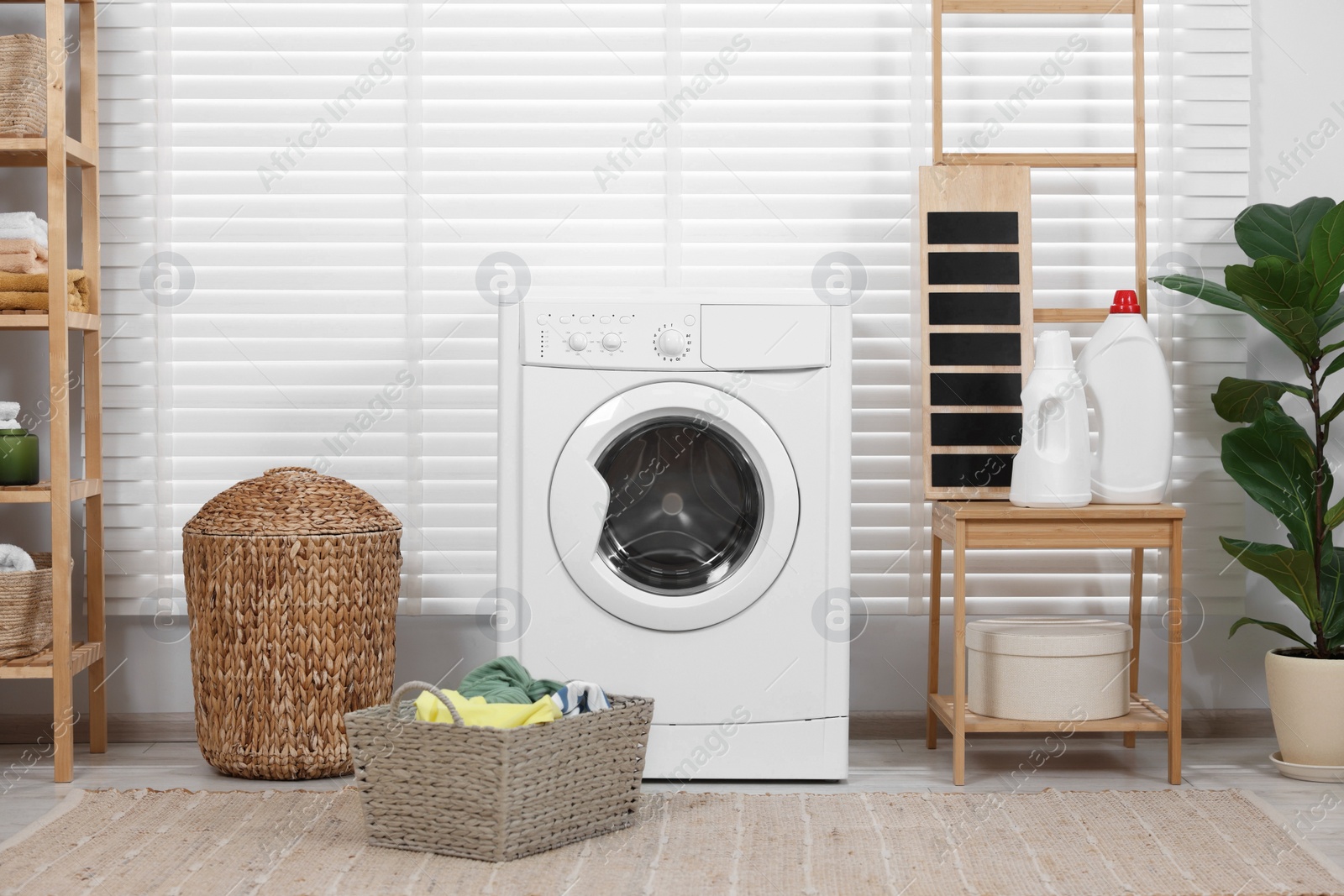 Photo of Laundry room interior with washing machine, baskets and houseplant