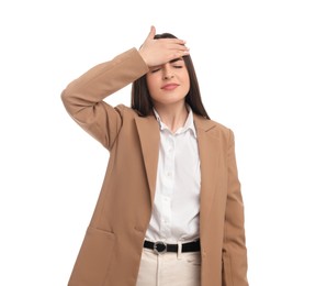 Photo of Beautiful young businesswoman standing on white background