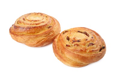 Photo of Freshly baked spiral pastries with raisins isolated on white