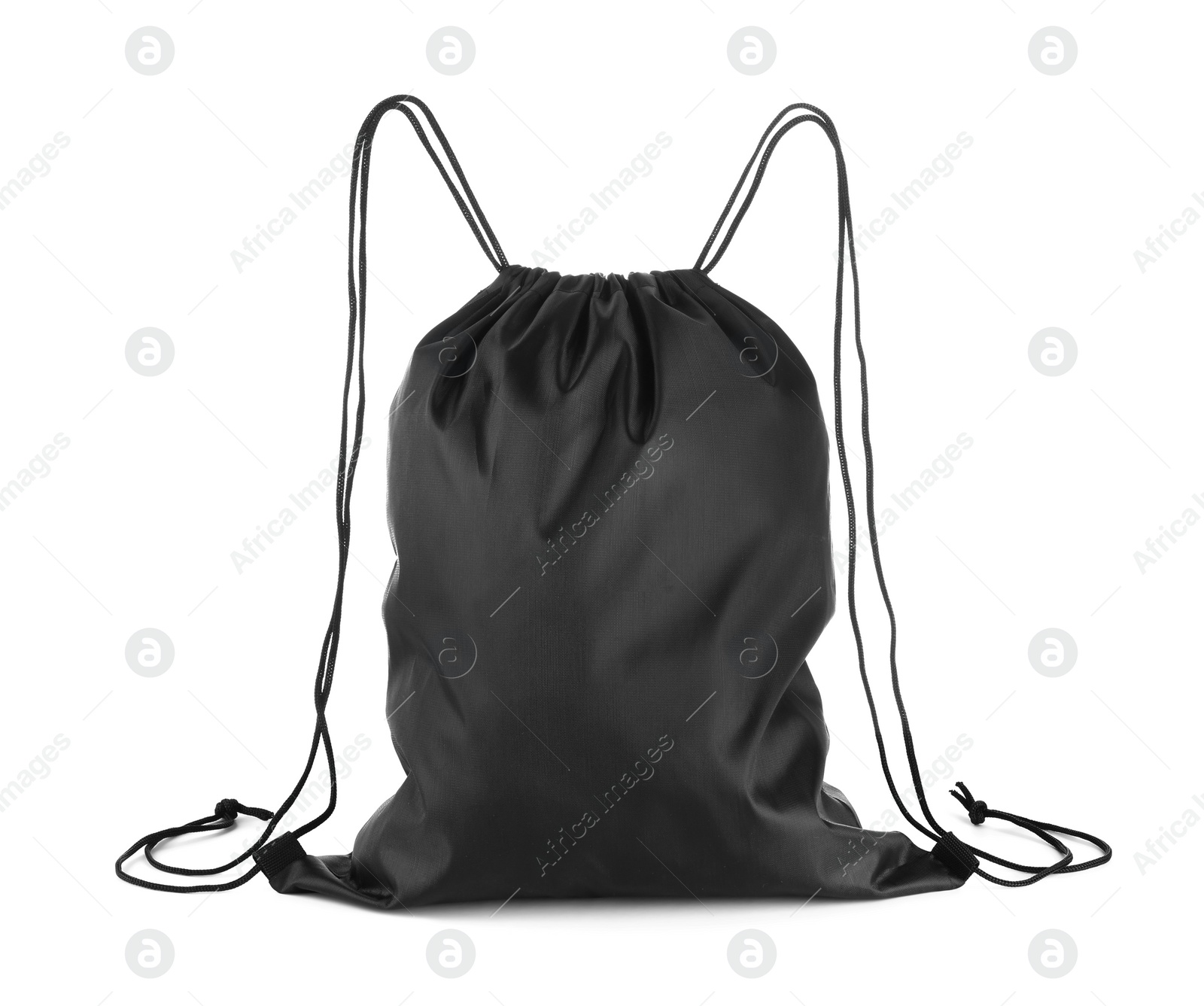 Photo of One black drawstring bag isolated on white