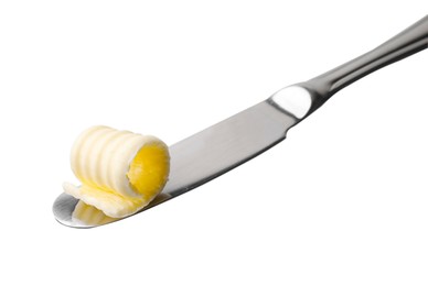 Photo of Butter curl and knife isolated on white