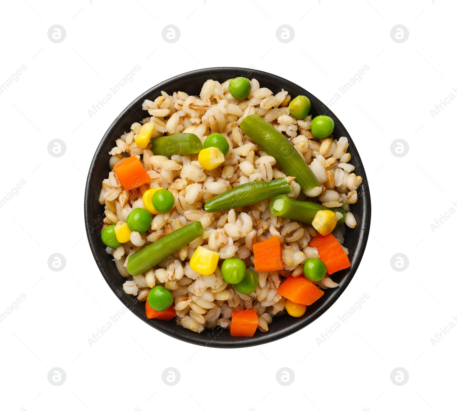 Photo of Delicious pearl barley with vegetables in bowl isolated on white, top view