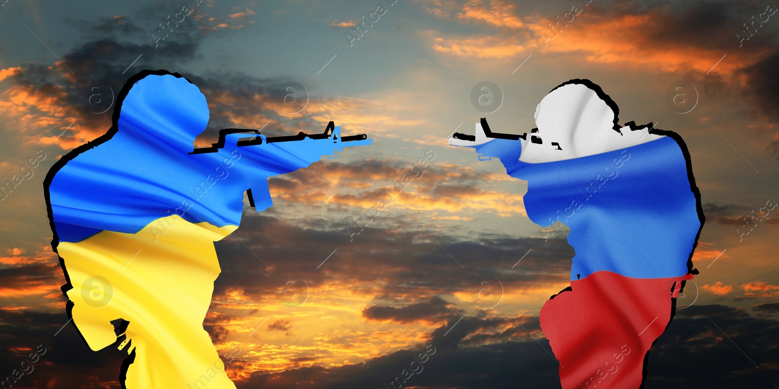 Image of Silhouettes of soldiers in colors of Ukrainian and Russian flags against cloudy sky