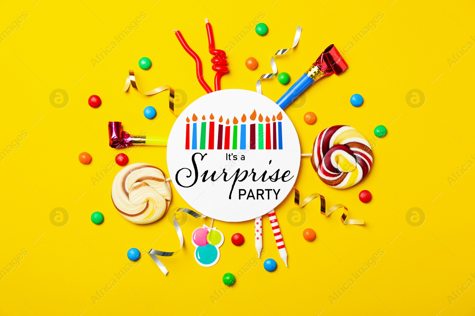 Image of Flat lay composition with different items for surprise party on yellow background