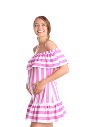 Happy pregnant woman touching her belly on white background