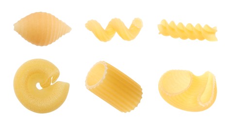 Different types of pasta isolated on white, set