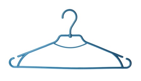 Empty plastic hanger isolated on white. Wardrobe accessory