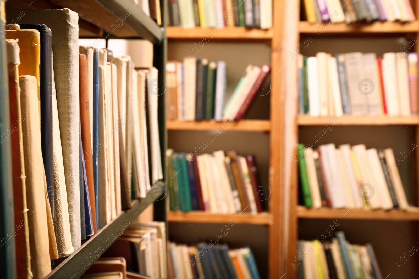 Image of Collection of different books on shelves in library