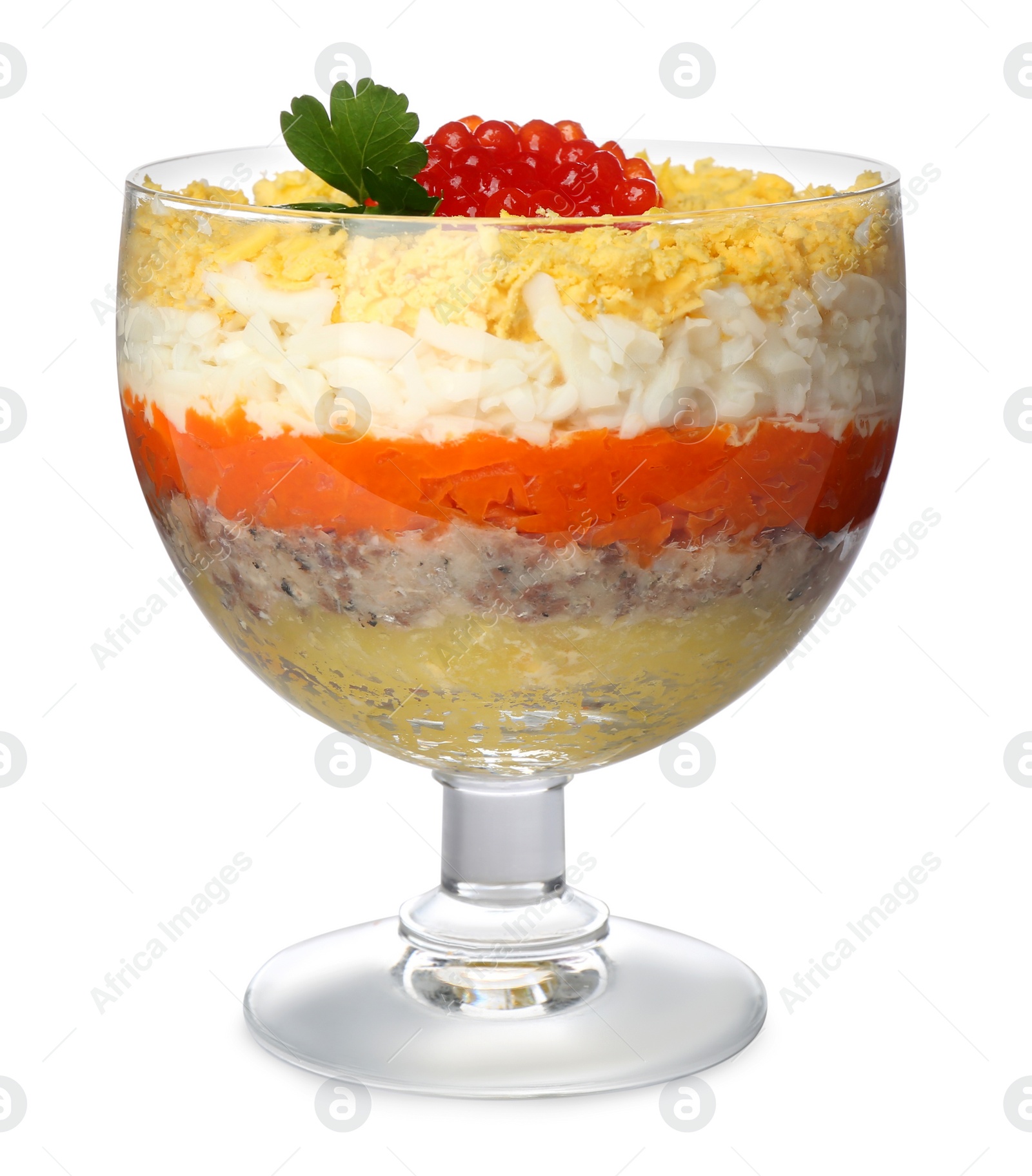 Photo of Traditional russian salad Mimosa on white background