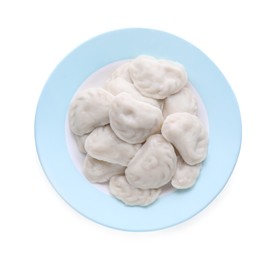 Photo of Plate with tasty dumplings (varenyky) on white background, top view