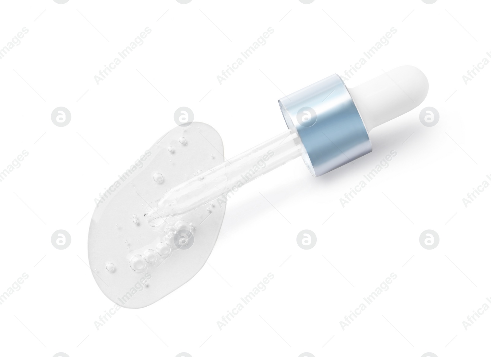 Image of Dropper with serum on white background, top view. Skin care product