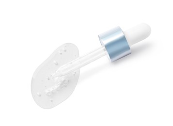 Image of Dropper with serum on white background, top view. Skin care product