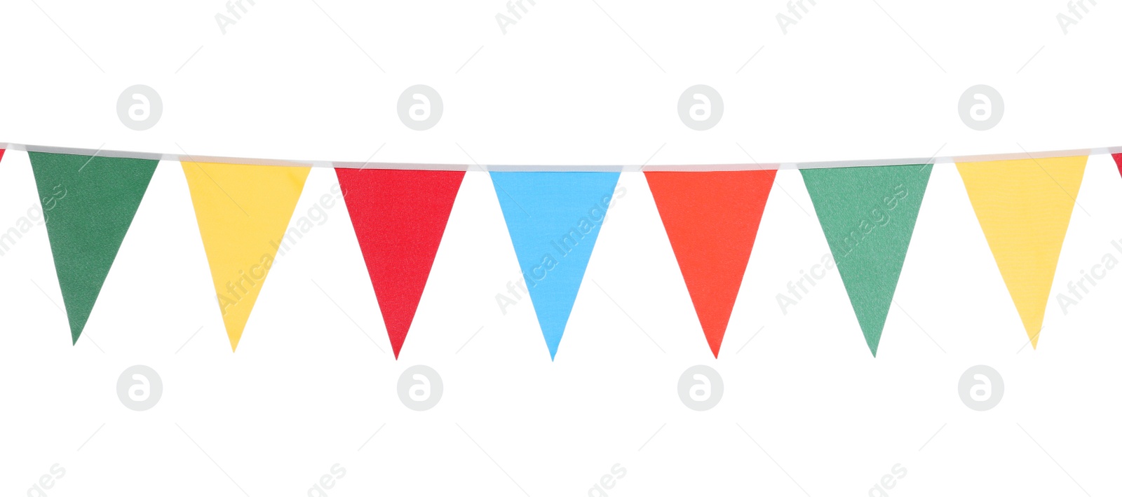 Photo of Bunting with colorful triangular flags on white background. Festive decor