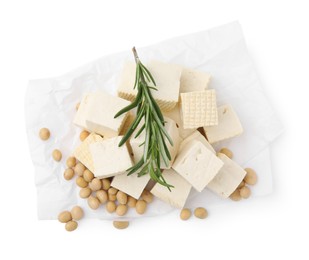 Photo of Delicious tofu cheese, rosemary and soybeans isolated on white, top view