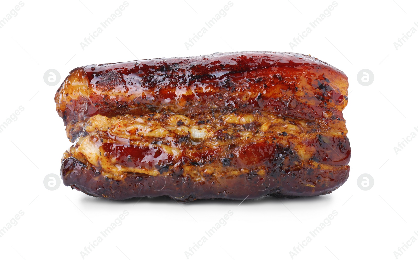 Photo of Piece of tasty baked pork belly isolated on white